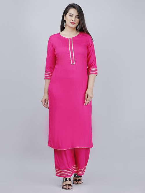 pink self design kurta palazzo set - 19481710 -  Standard Image - 0