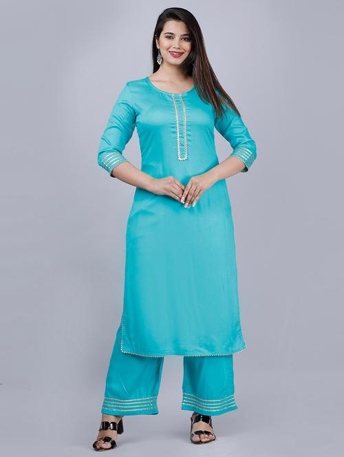 blue self design kurta palazzo set - 19481711 - Standard Image - 0