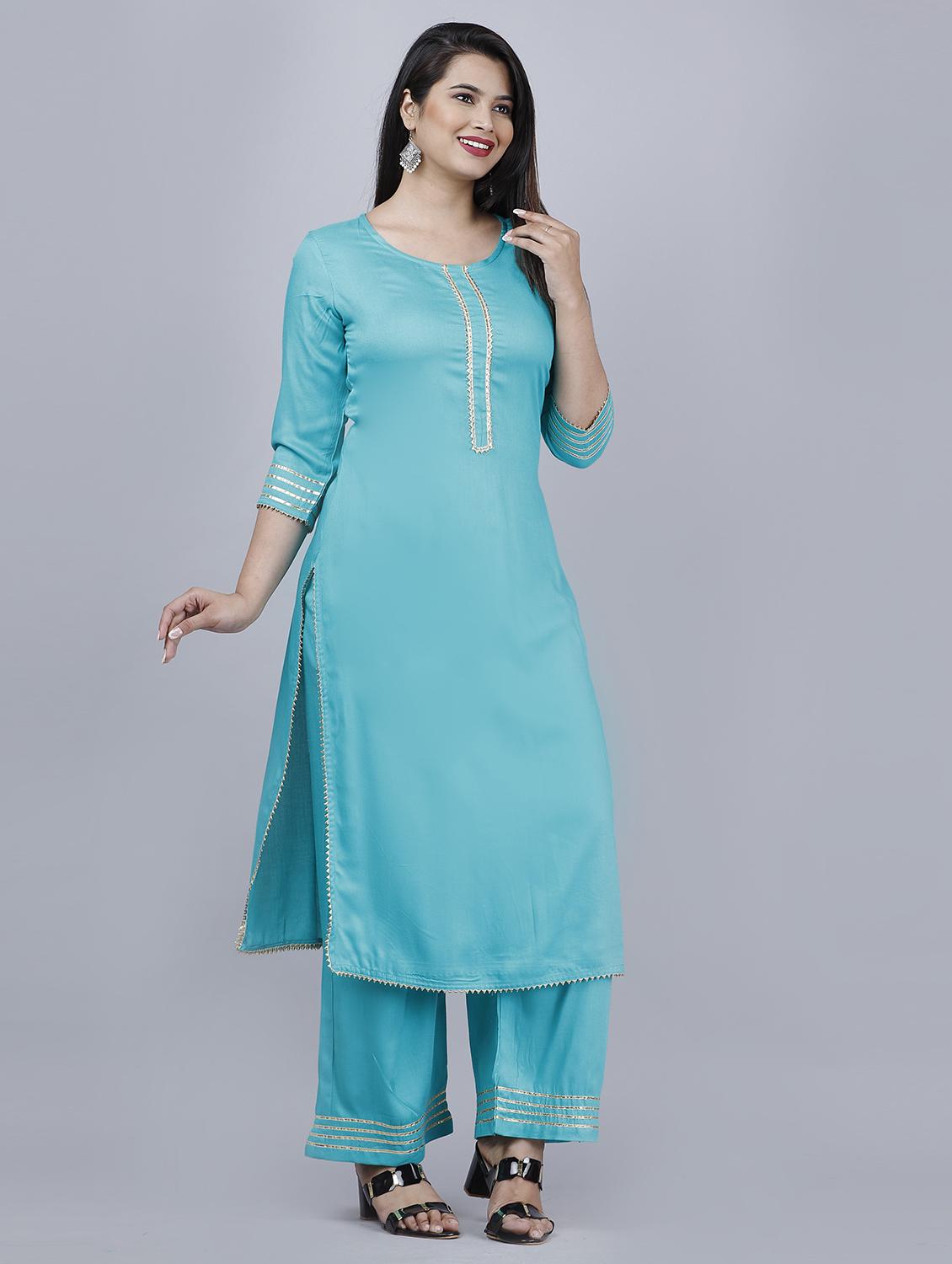 blue self design kurta palazzo set - 19481711 -  Standard Image - 1