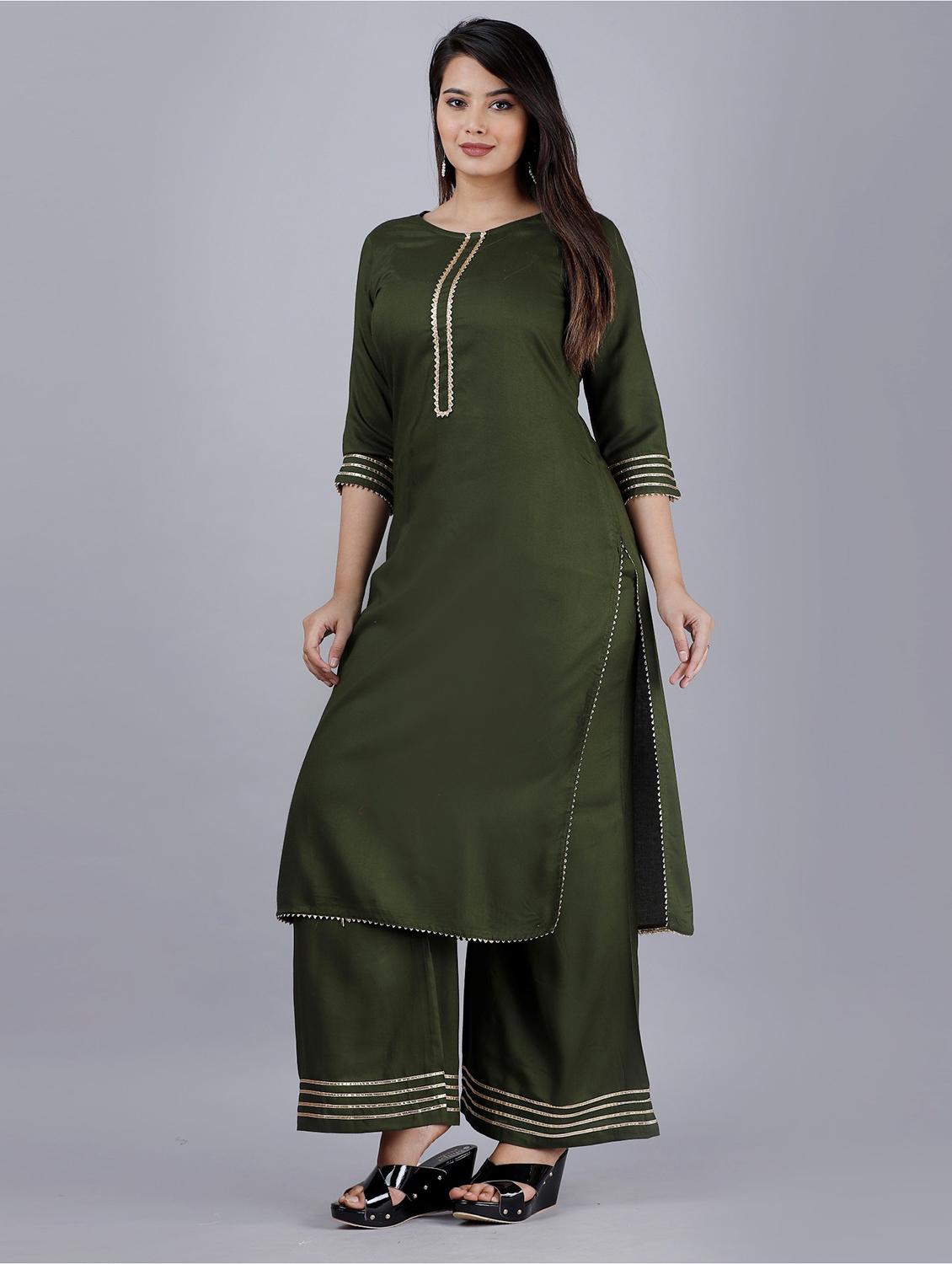 women olive solids kurta palazzo set - 19481774 - Standard Image - 1