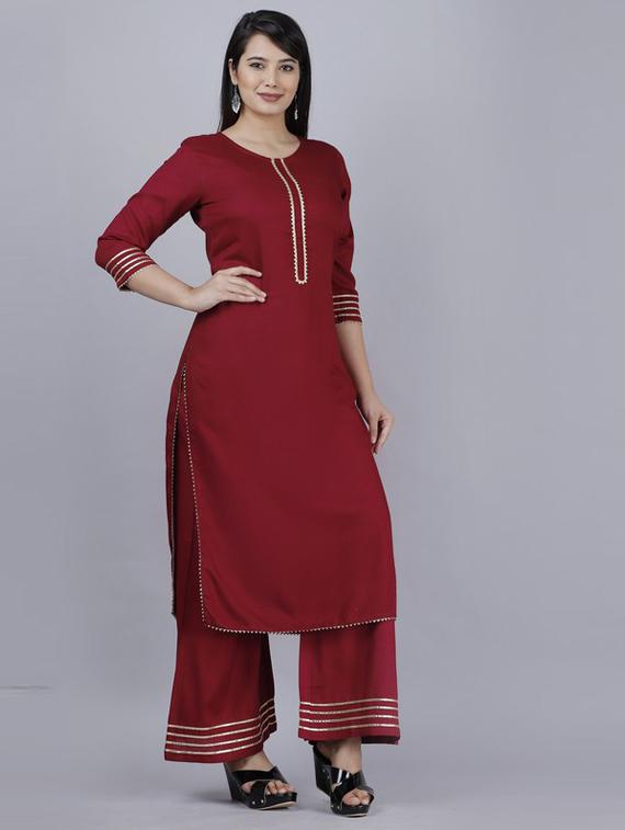 maroon self design kurta palazzo set - 19481775 - Standard Image - 1