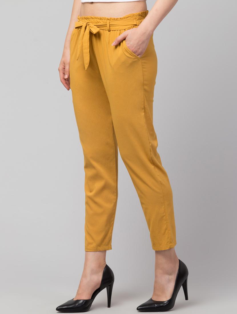 yellow lycra pleated trouser with belt - 19482539 -  Standard Image - 1