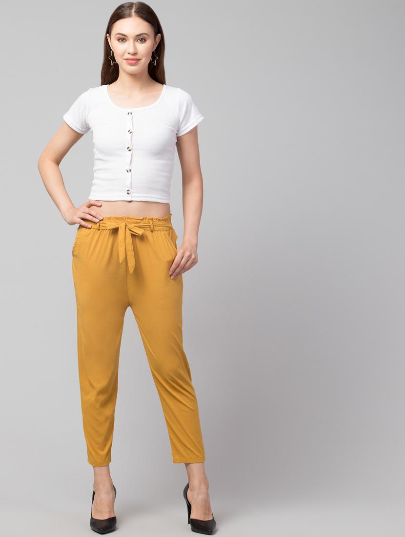 yellow lycra pleated trouser with belt - 19482539 - Standard Image - 4