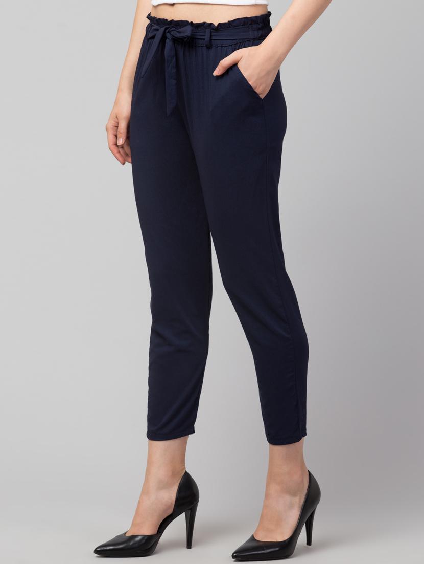navy blue lycra pleated trouser with belt - 19482541 -  Standard Image - 1