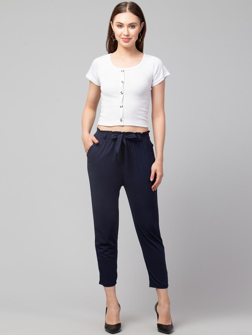 navy blue lycra pleated trouser with belt - 19482541 - Standard Image - 4
