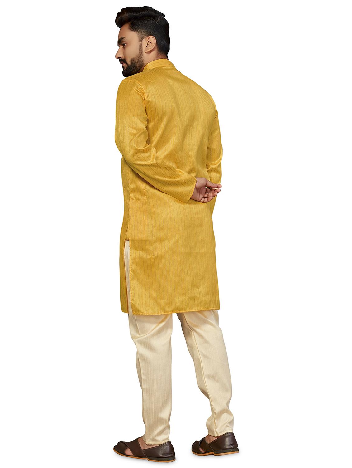 yellow striped cotton kurta pyjama ethnic wear set - 19482594 - Standard Image - 1