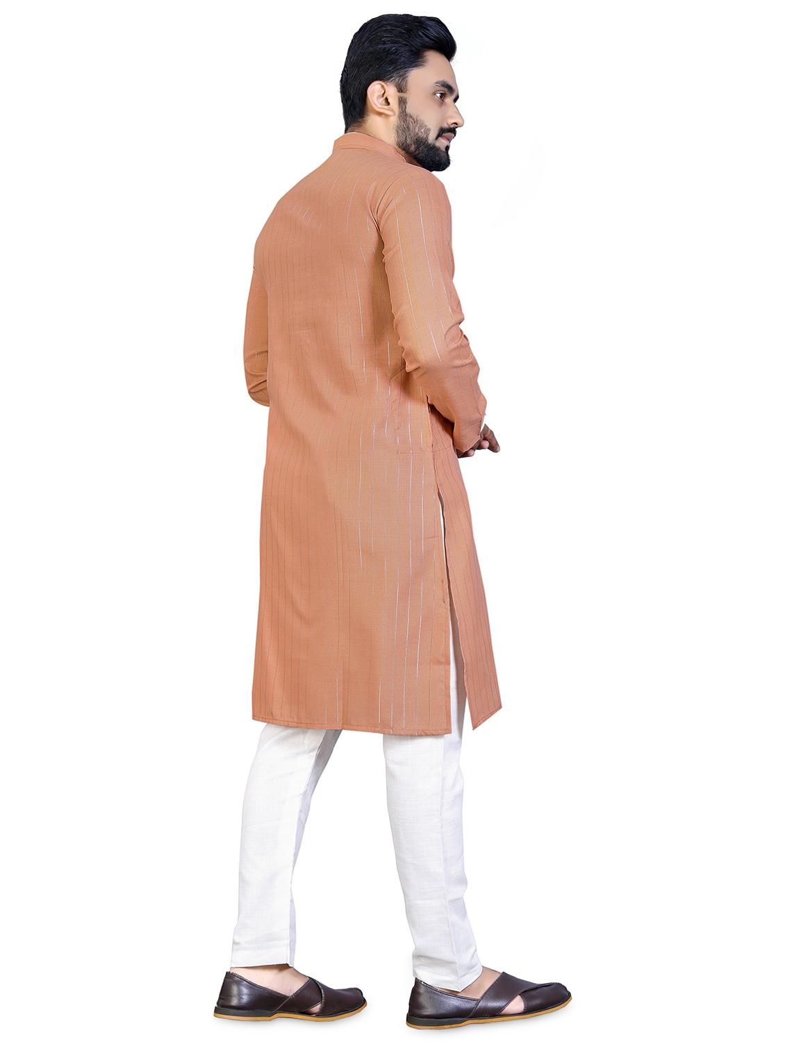 peach striped silk blend kurta with trousers set - 19482599 - Standard Image - 1