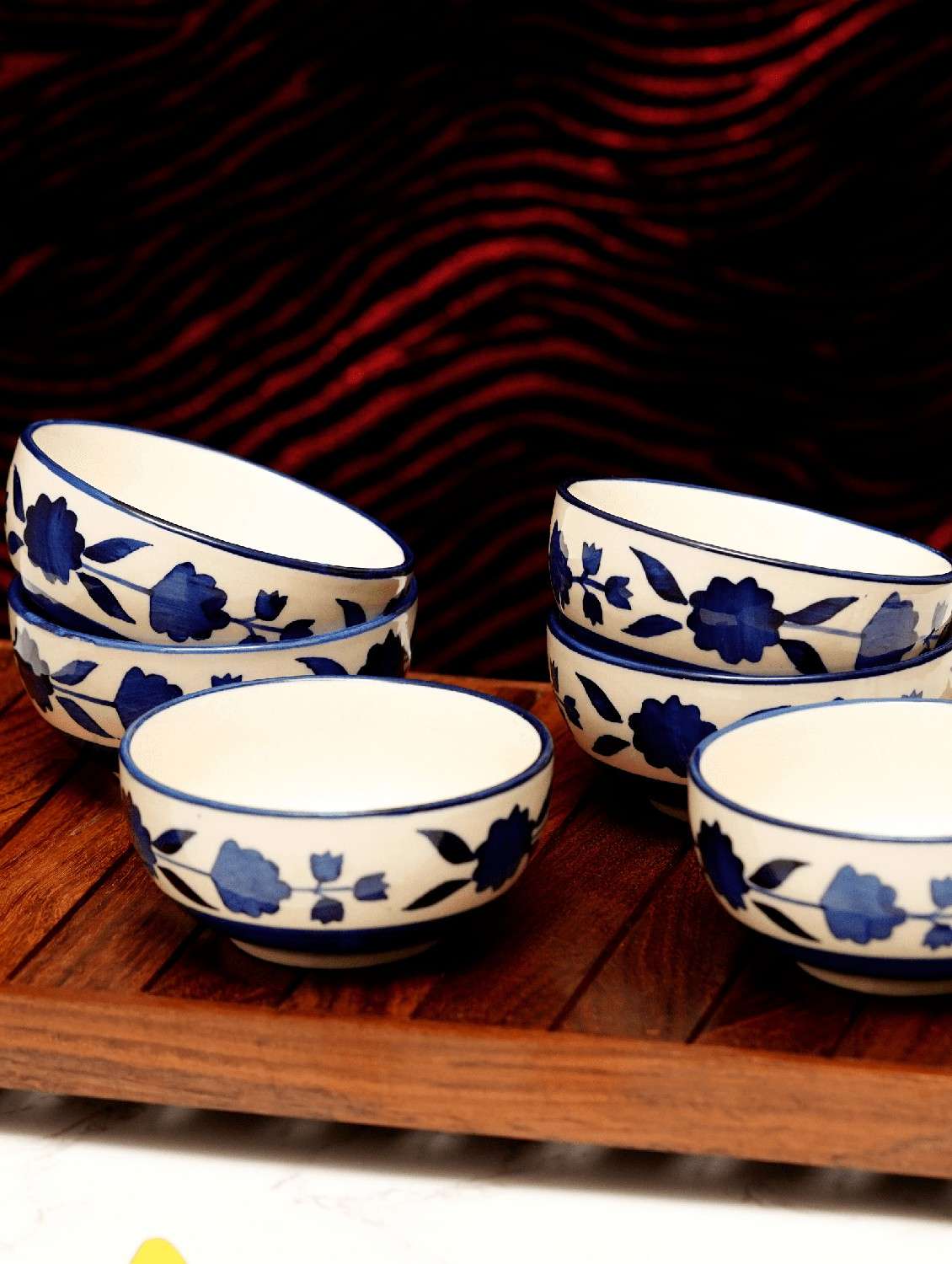 hand-painted leaf pattern ceramic floral bowls set (multicolor, pack of 6)