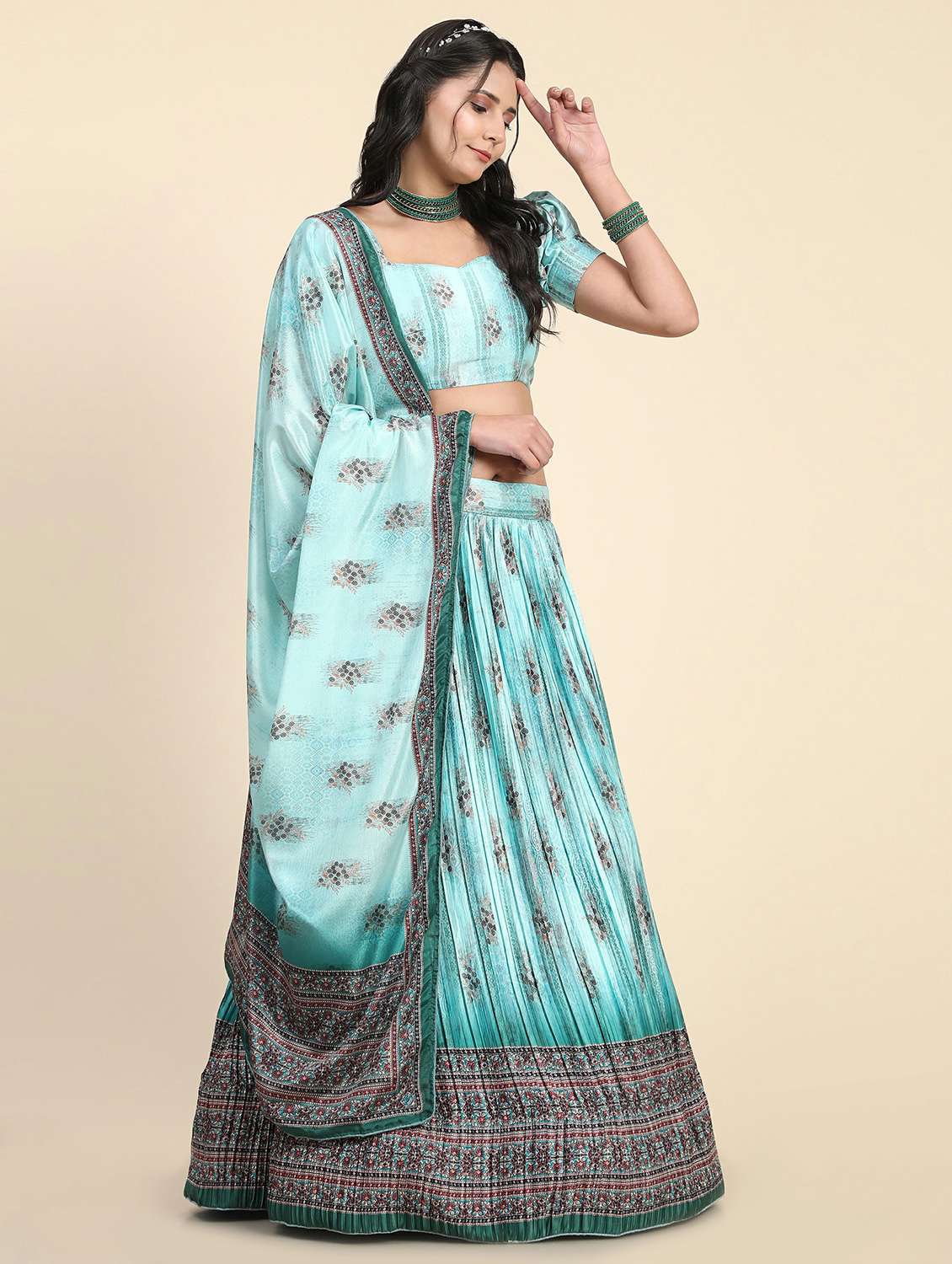 blue printed flared semi stitched lehenga