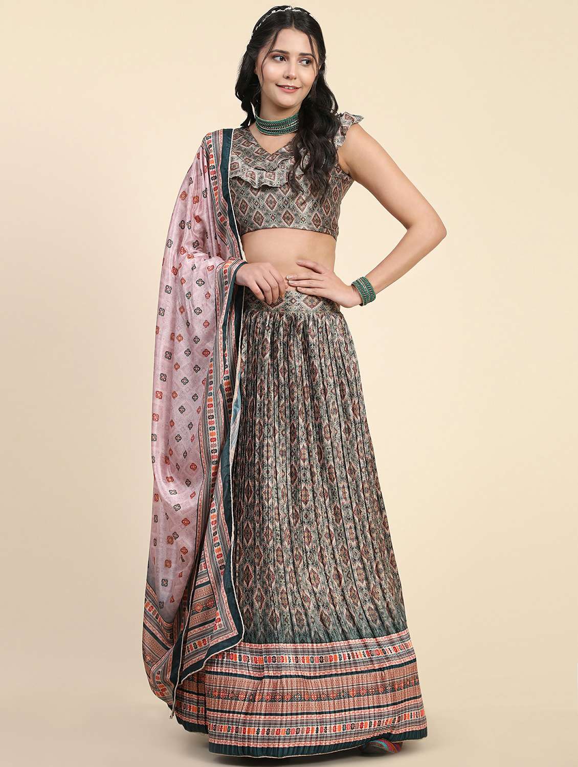 printed flared semi stitched lehenga