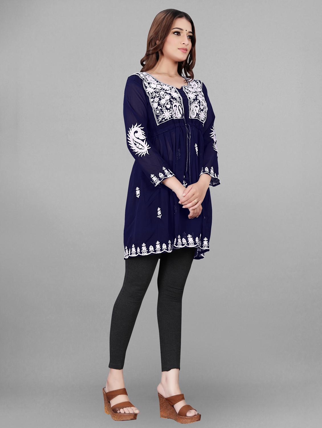 round neck chikankari a-line kurti - 19490516 - Standard Image - 1