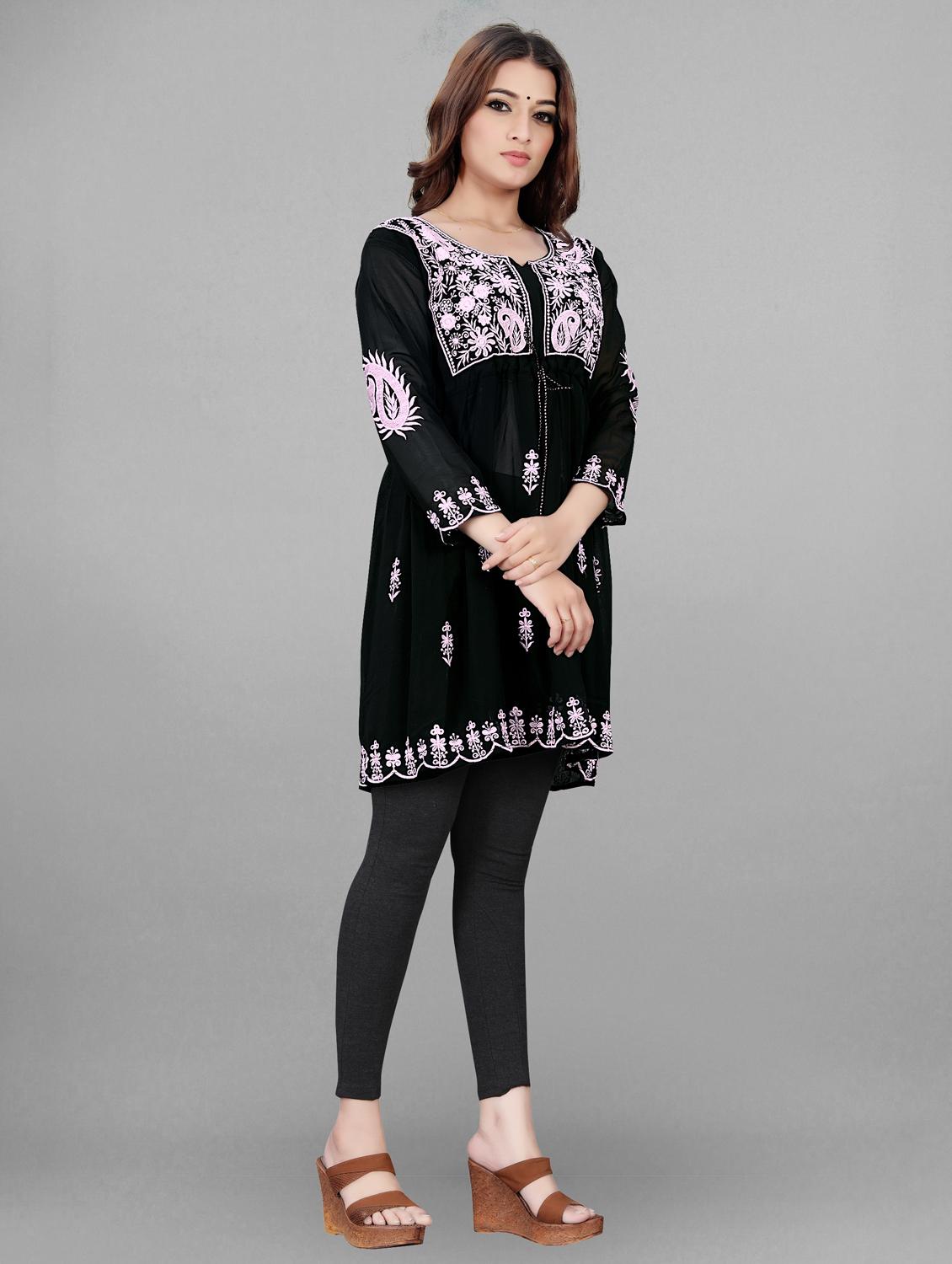 notch neck chikankari a-line kurti - 19490519 -  Standard Image - 1
