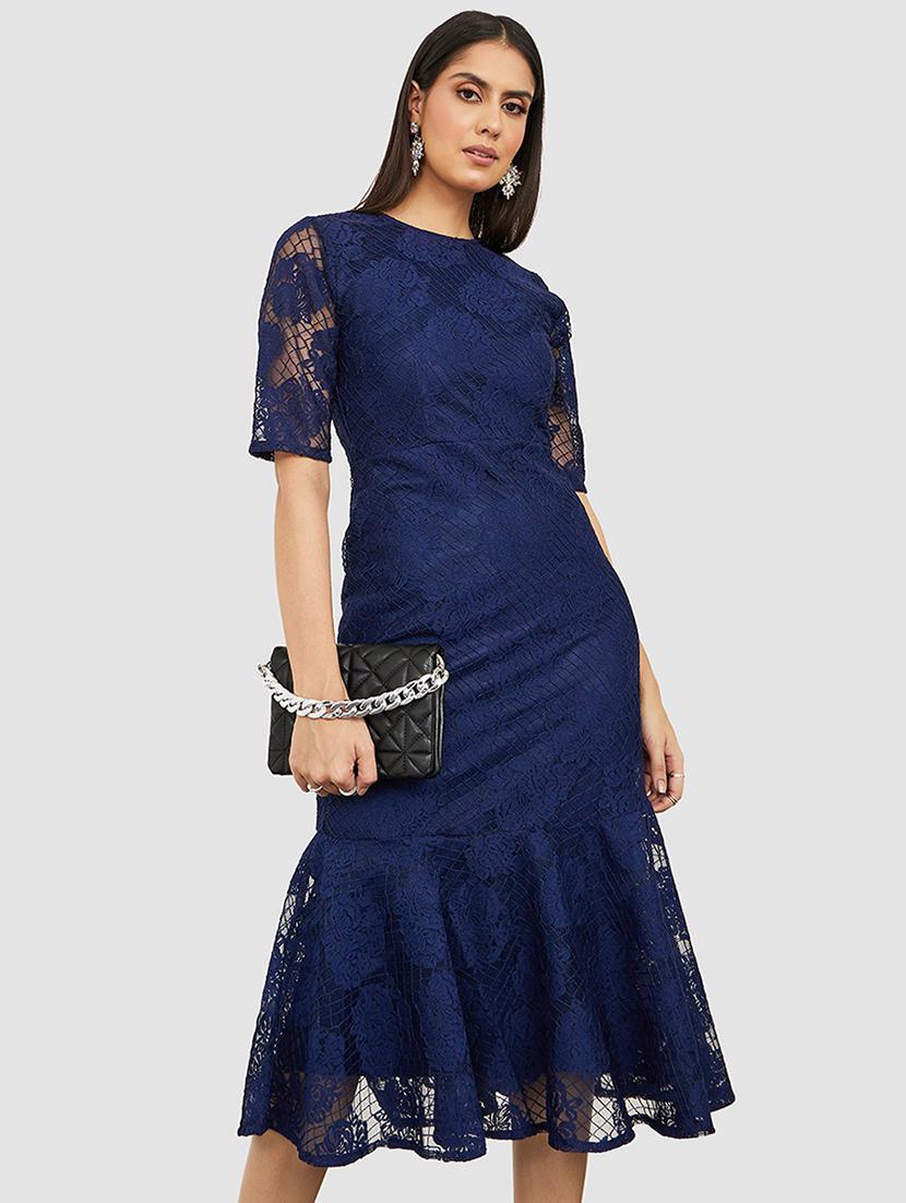 short sleeves lace insert frill hem midi dress - 19492809 - Standard Image - 1