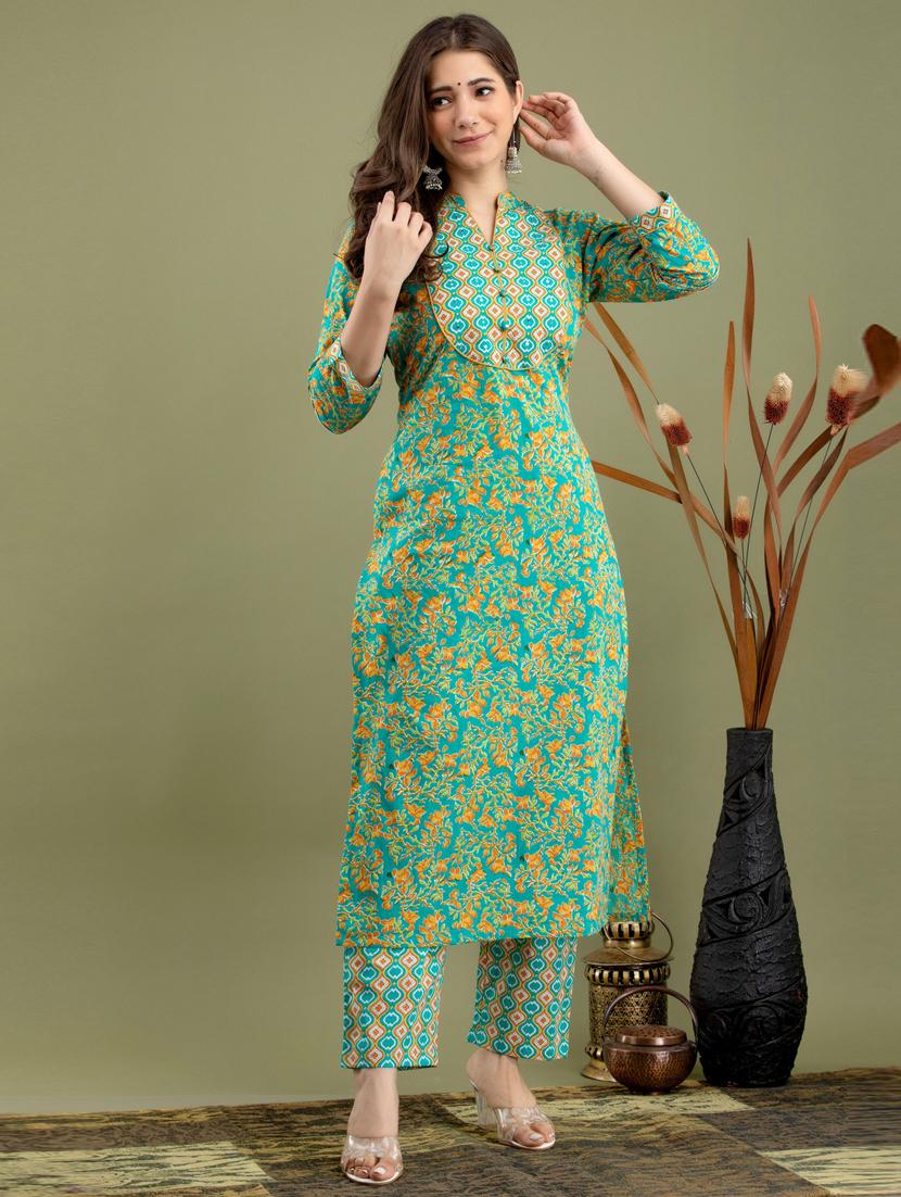 green printed cotton suit set - 19493429 - Standard Image - 1