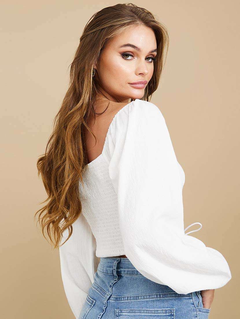 long sleeves square neck smocked detail fitted crop blouse - 19494545 -  Standard Image - 1