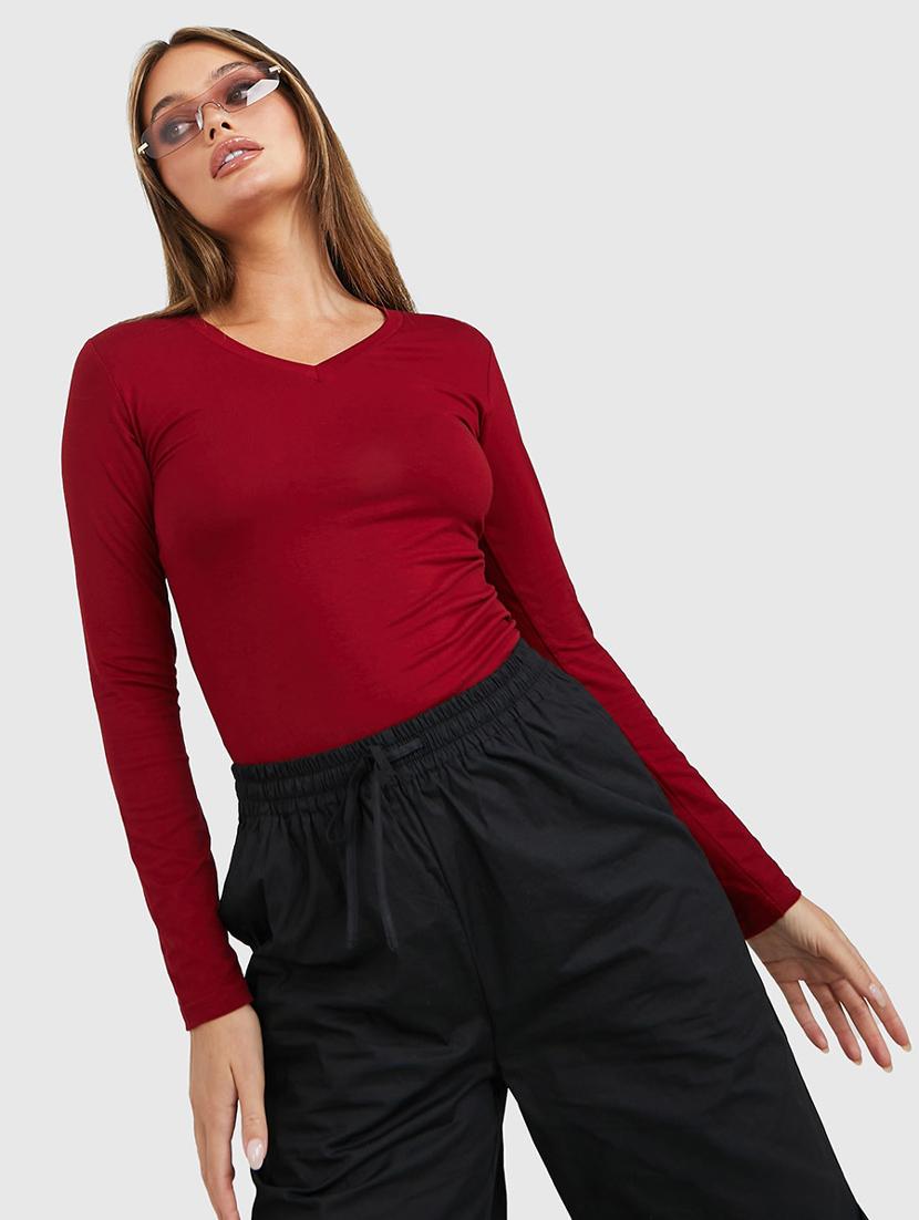 long sleeves v neck cotton lycra fitted t-shirt - 19494712 - Standard Image - 1