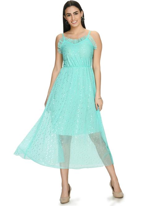 women light blue fit & flare self design dress - 19495190 - Standard Image - 0