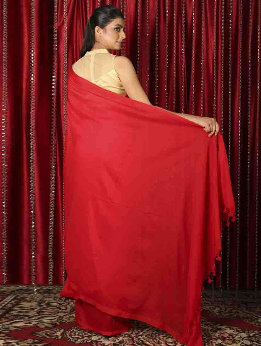 red cotton blend plain saree with blouse - 19497652 -  Standard Image - 1