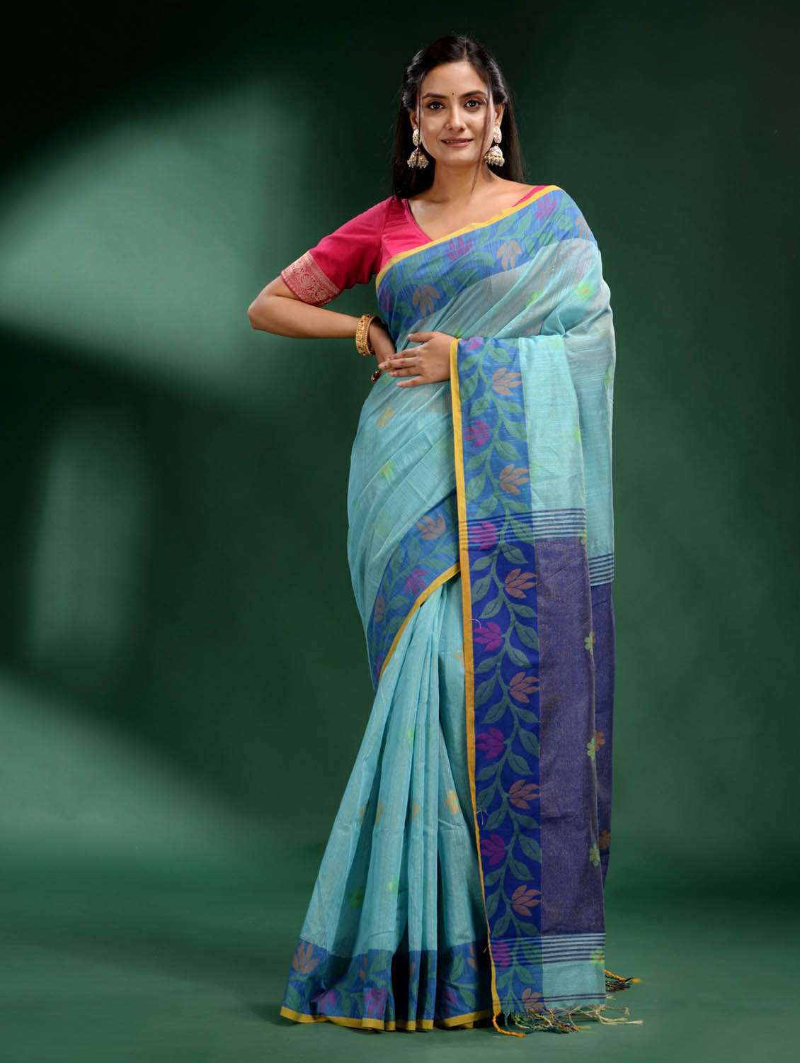 women's self design light blue colored saree with blouse