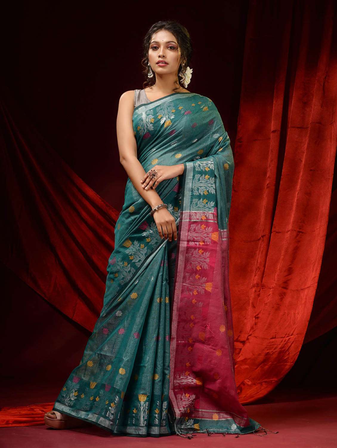 women's self design sea green colored saree with blouse - 19498129 -  Standard Image - 1