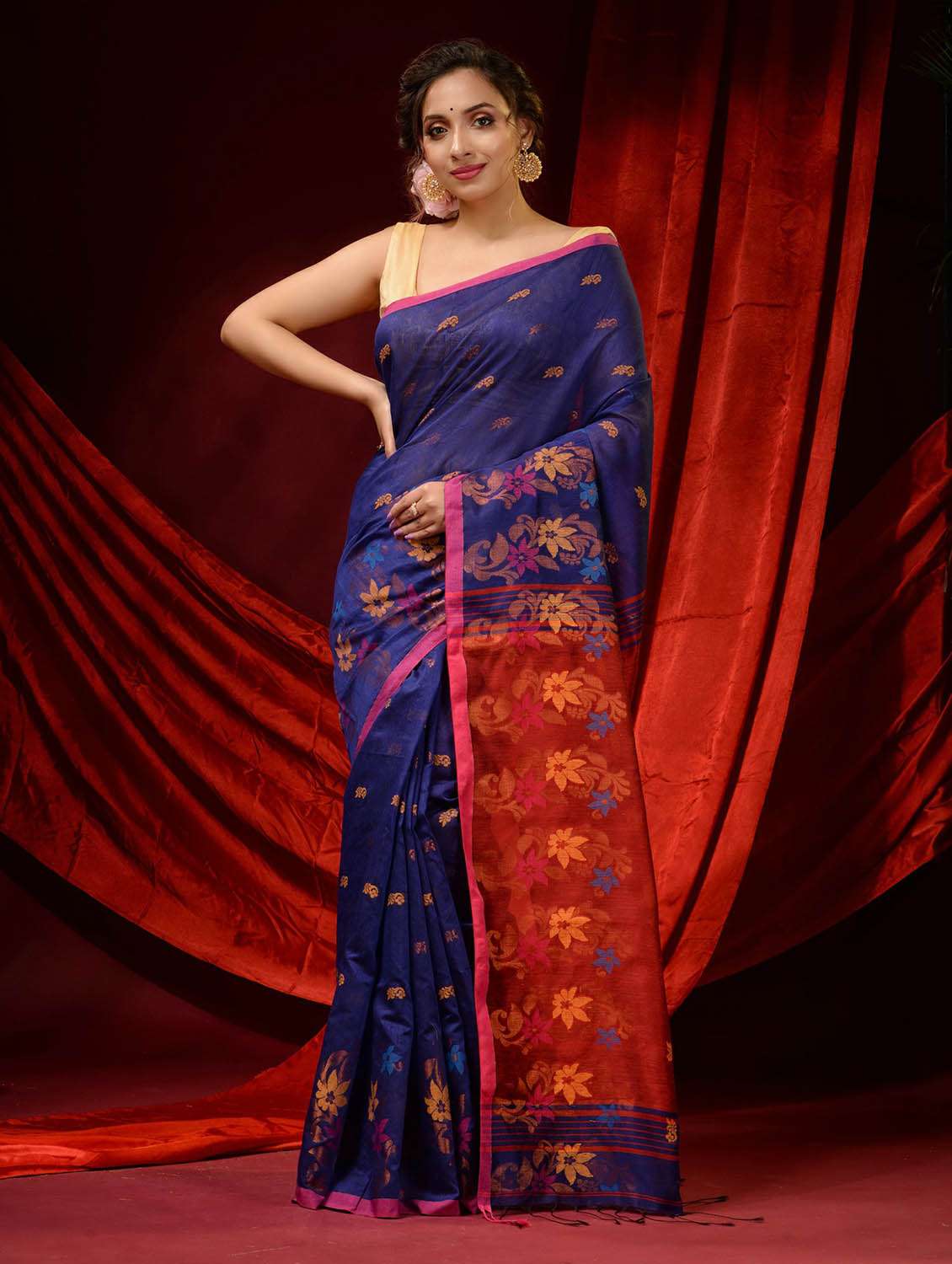 women's self design navy blue colored saree with blouse