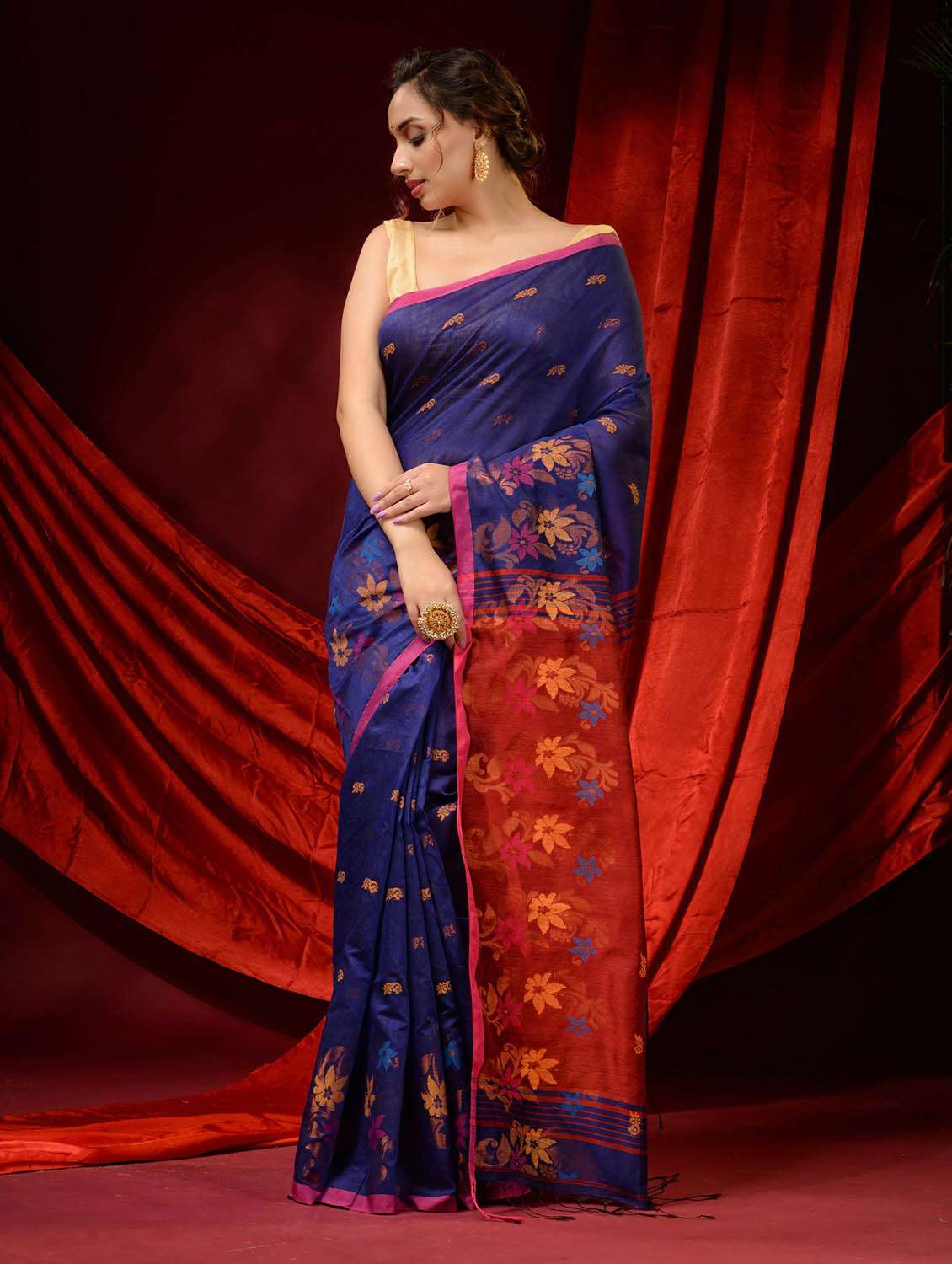 women's self design navy blue colored saree with blouse - 19498156 -  Standard Image - 1