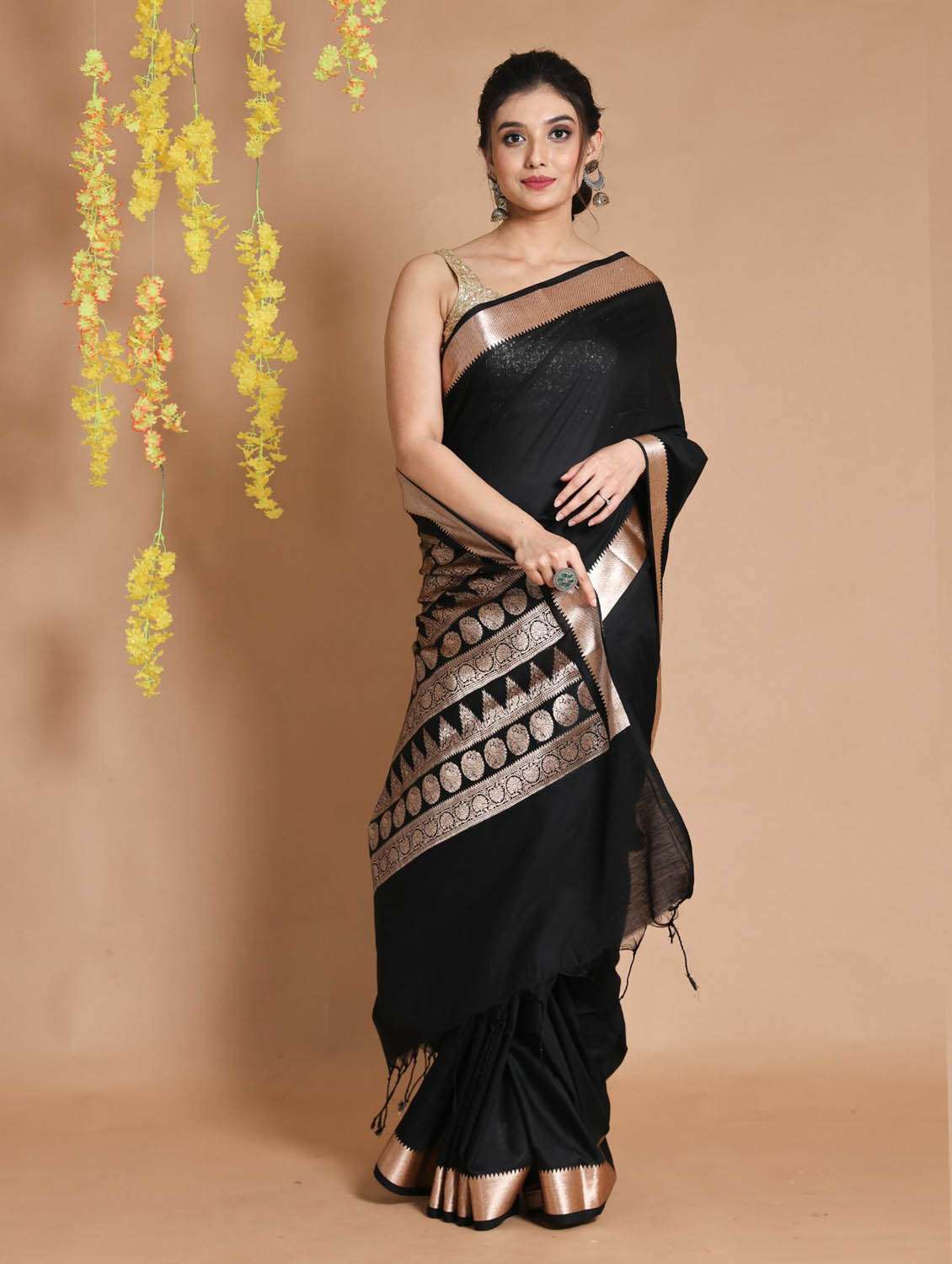 black self design woven saree with blouse