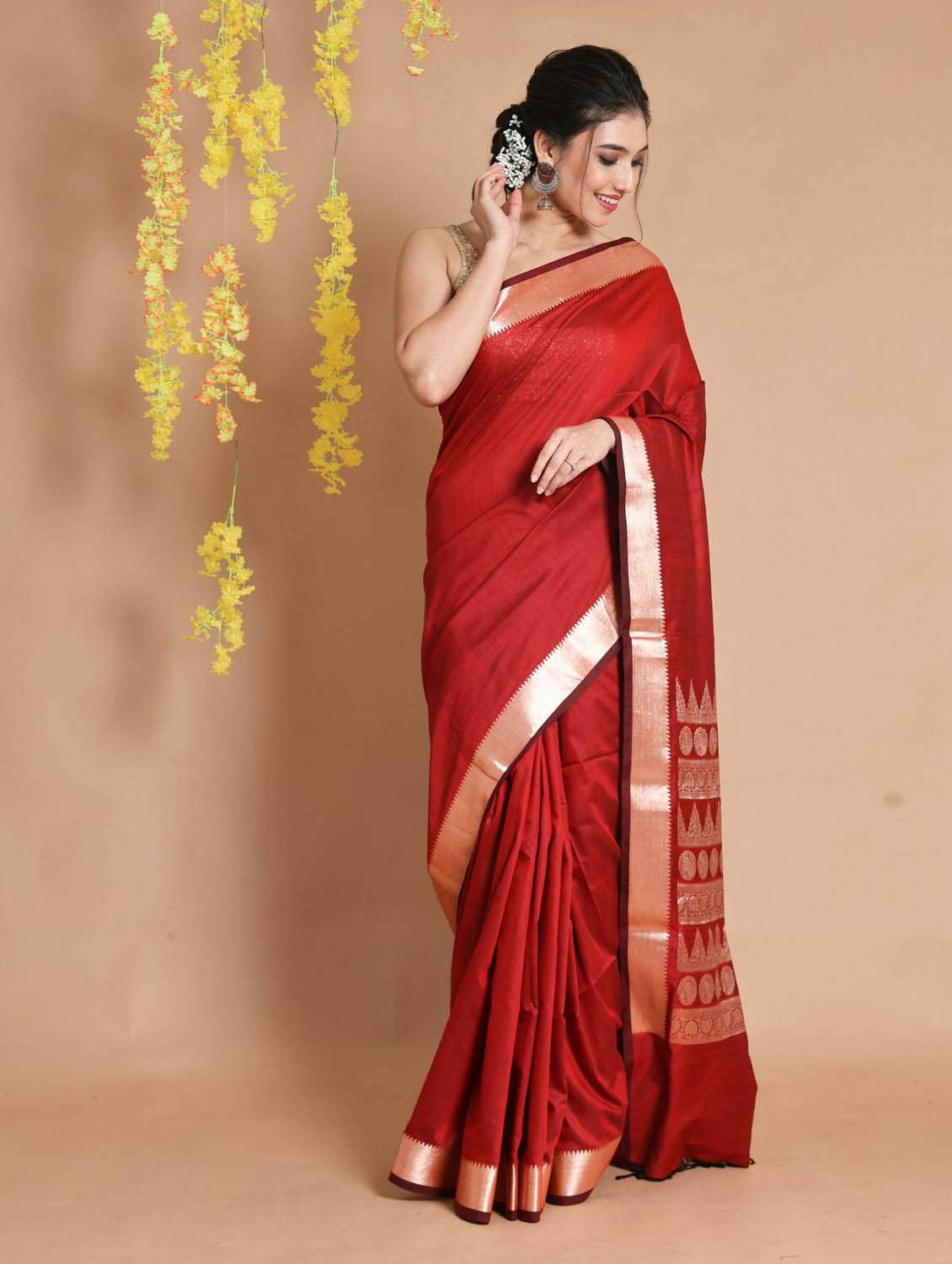red self design woven saree with blouse