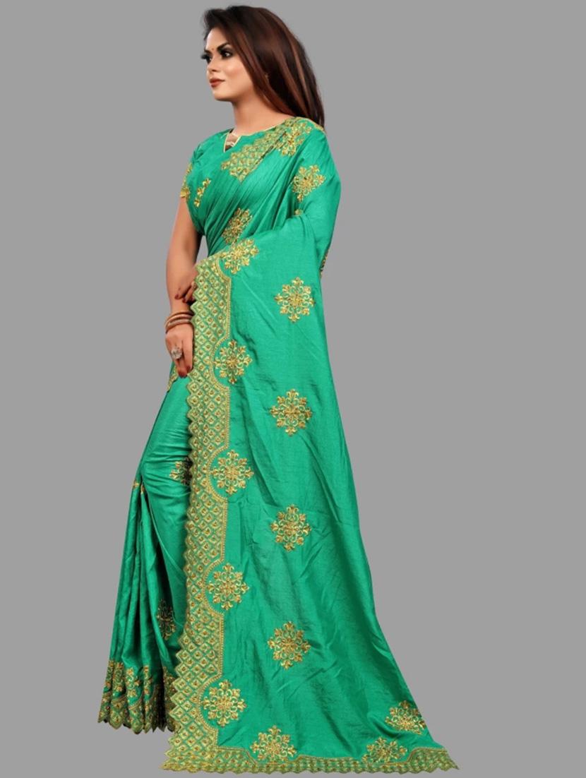 green art silk embroidered saree with blouse - 19498375 -  Standard Image - 1