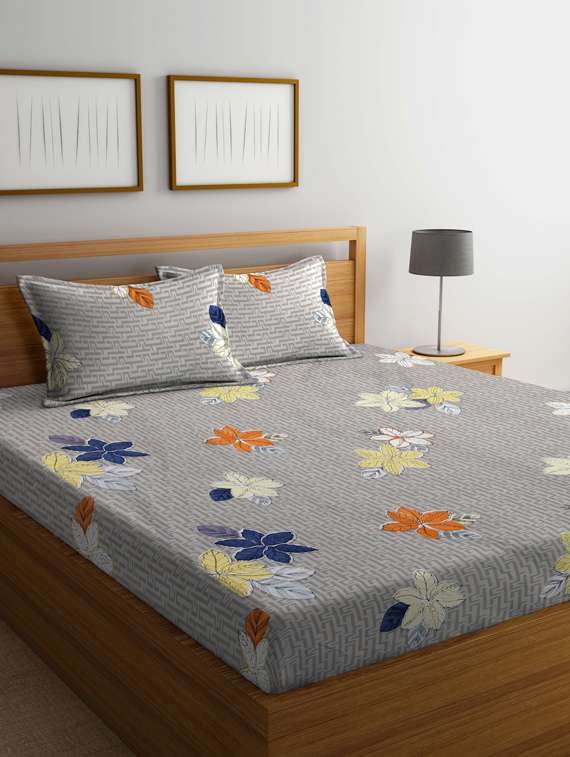 fabinaliv beige floral 210 tc cotton blend king size double bedsheet with 2 pillow covers