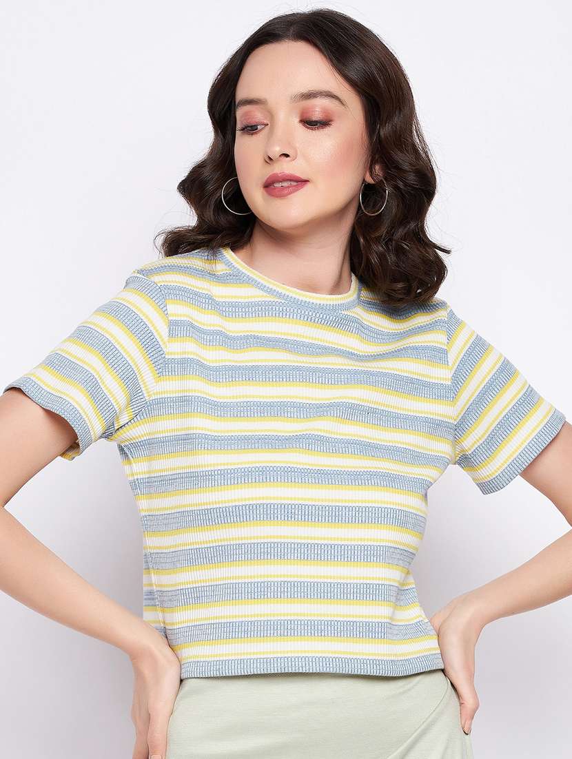 women striped round neck crop top