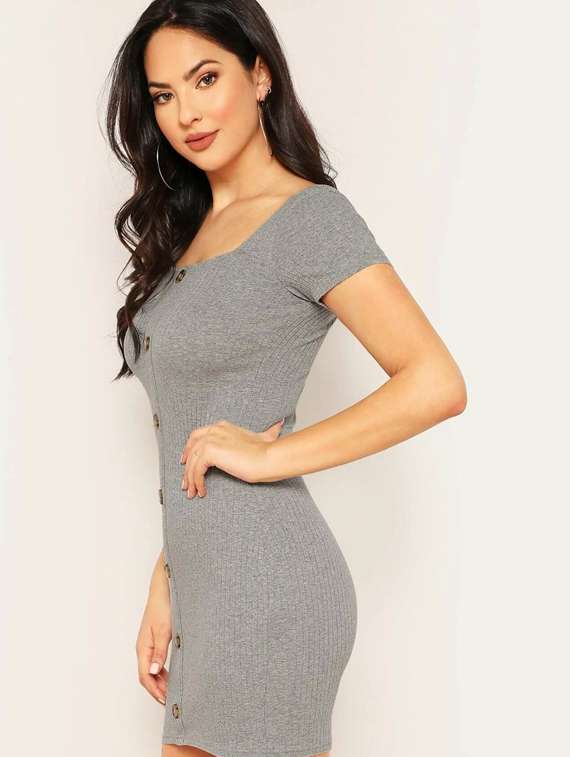 women grey bodycon rib dress