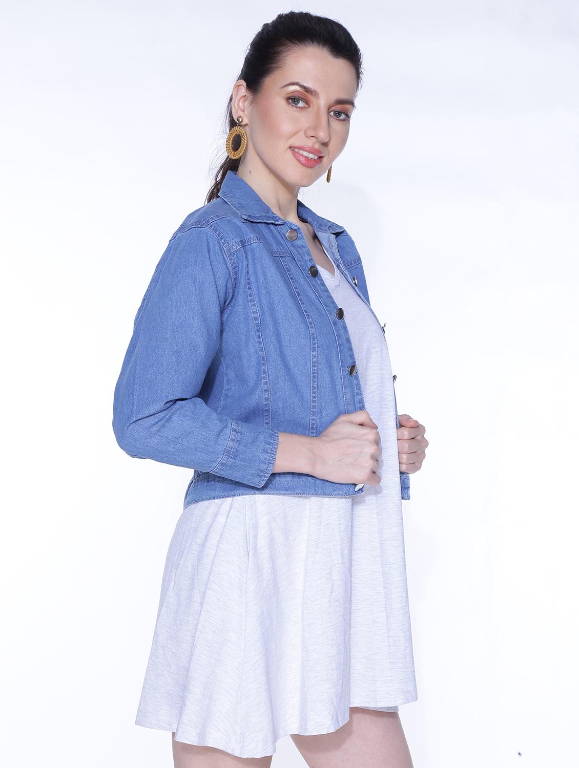 spread collar denim solid jacket - 19509385 - Standard Image - 1