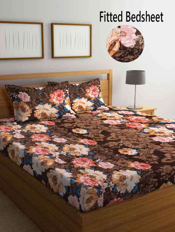 fabinaliv multicolor floral 210 tc cotton blend king size fitted double bedsheet with 2 pillow covers