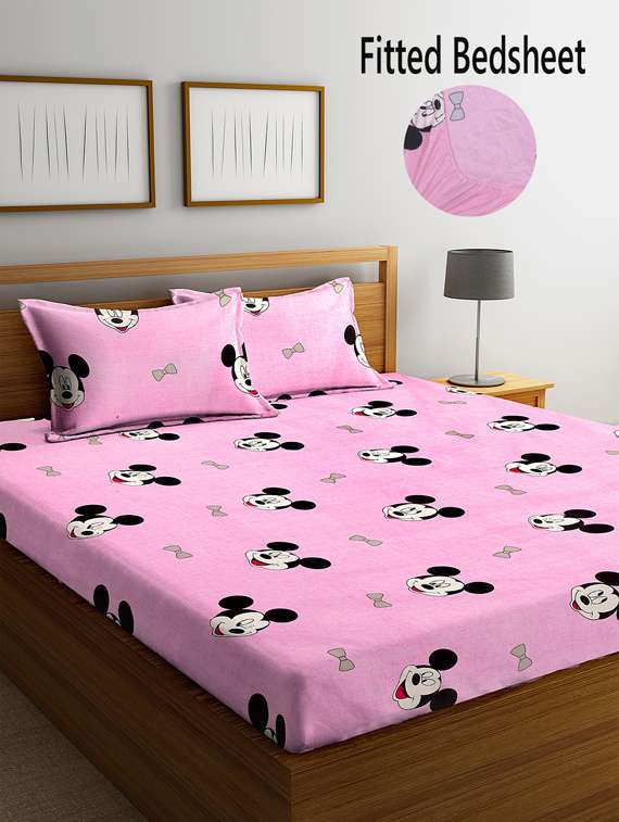 fabinaliv pink cartoon print 210 tc cotton blend king size fitted double bedsheet with 2 pillow covers