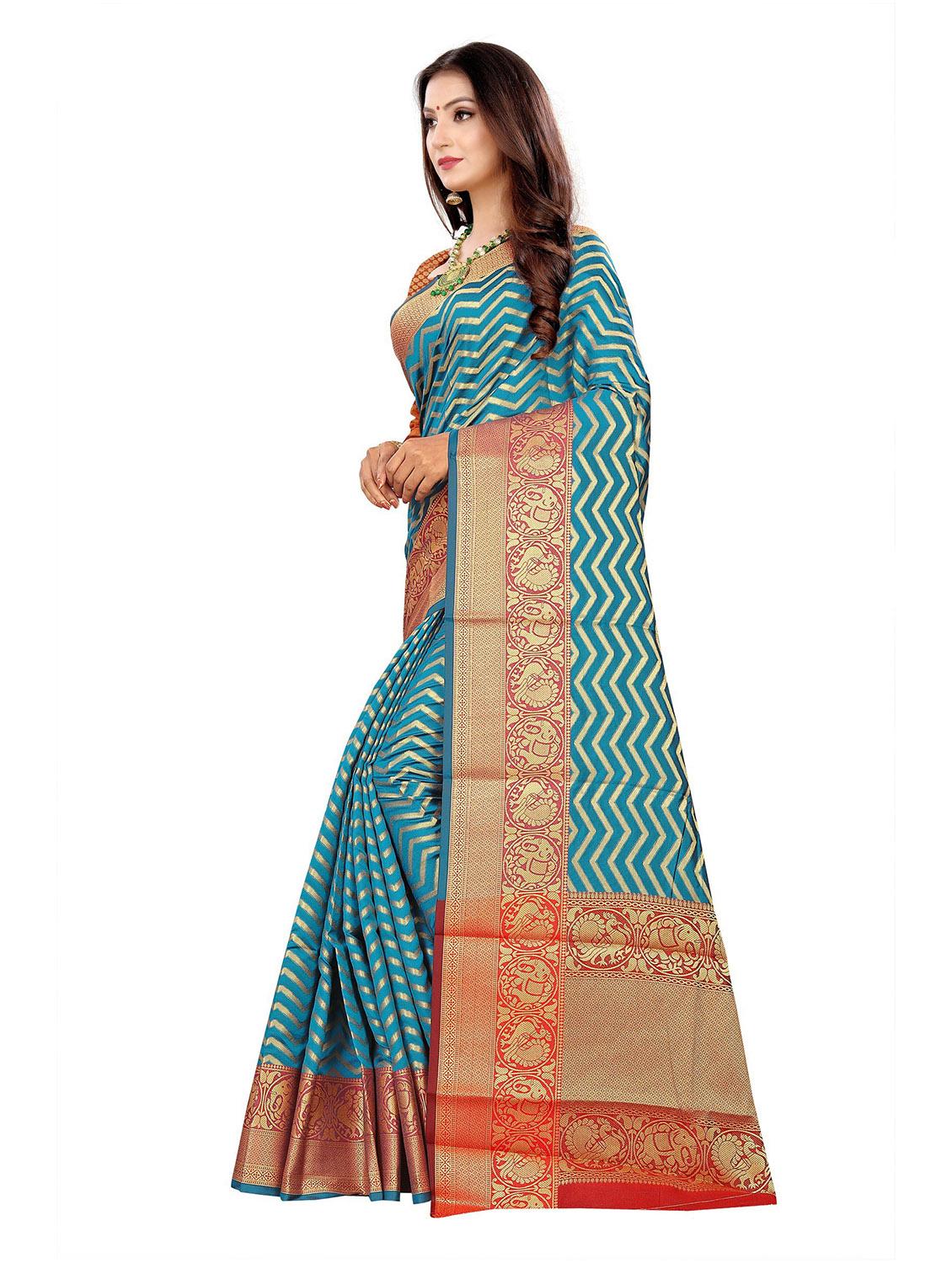blue cotton silk striped banarasi saree with blouse - 19514862 -  Standard Image - 1
