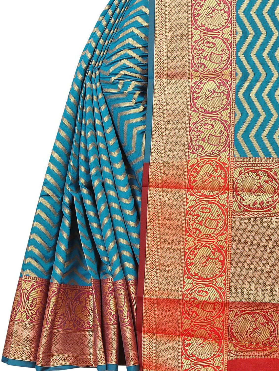 blue cotton silk striped banarasi saree with blouse - 19514862 - Standard Image - 4