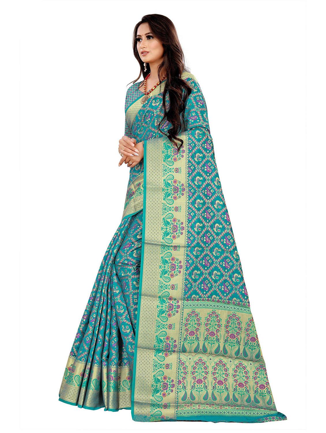 green jacquard printed pochampalli saree - 19514875 -  Standard Image - 1