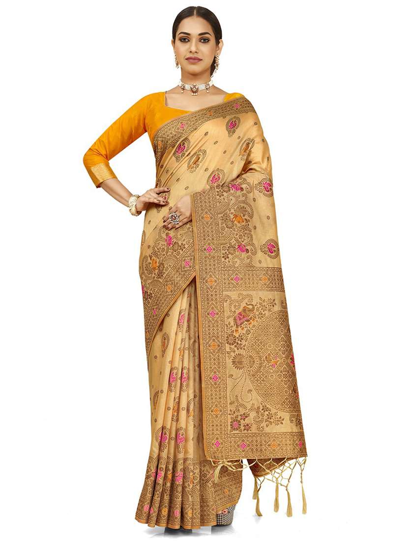 women's self design beige colored saree with blouse