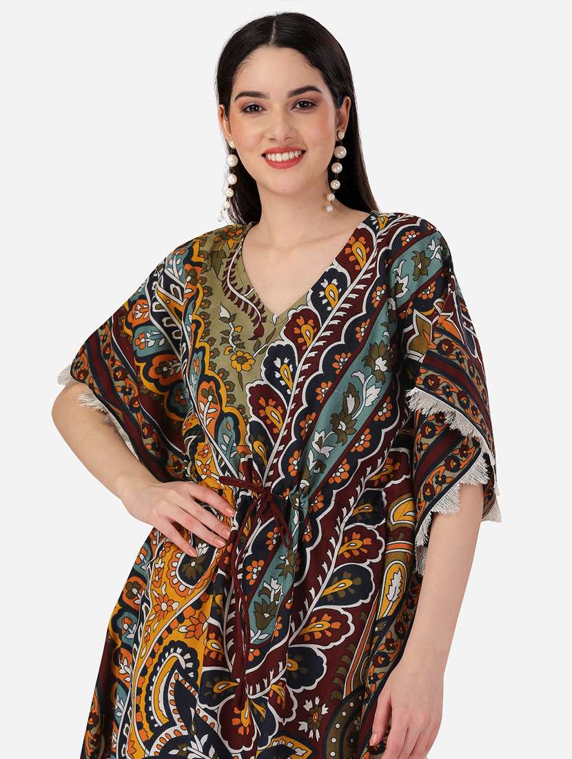women v neck printed kaftan - 19521948 - Standard Image - 4
