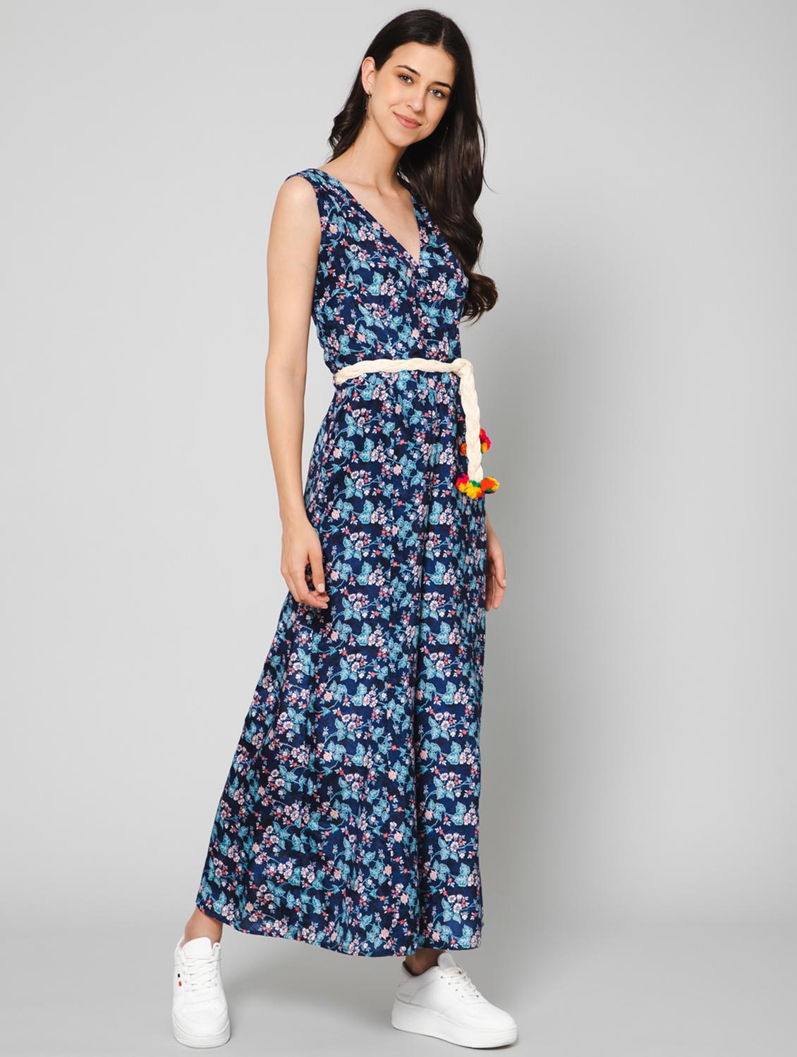 v-neck floral print full leg jumpsuit - 19522256 - Standard Image - 1
