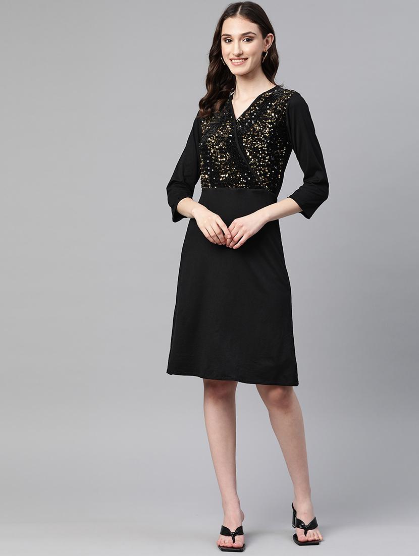 women's overlap neck sequins work knee length dress - 19522614 -  Zoom Image - 0