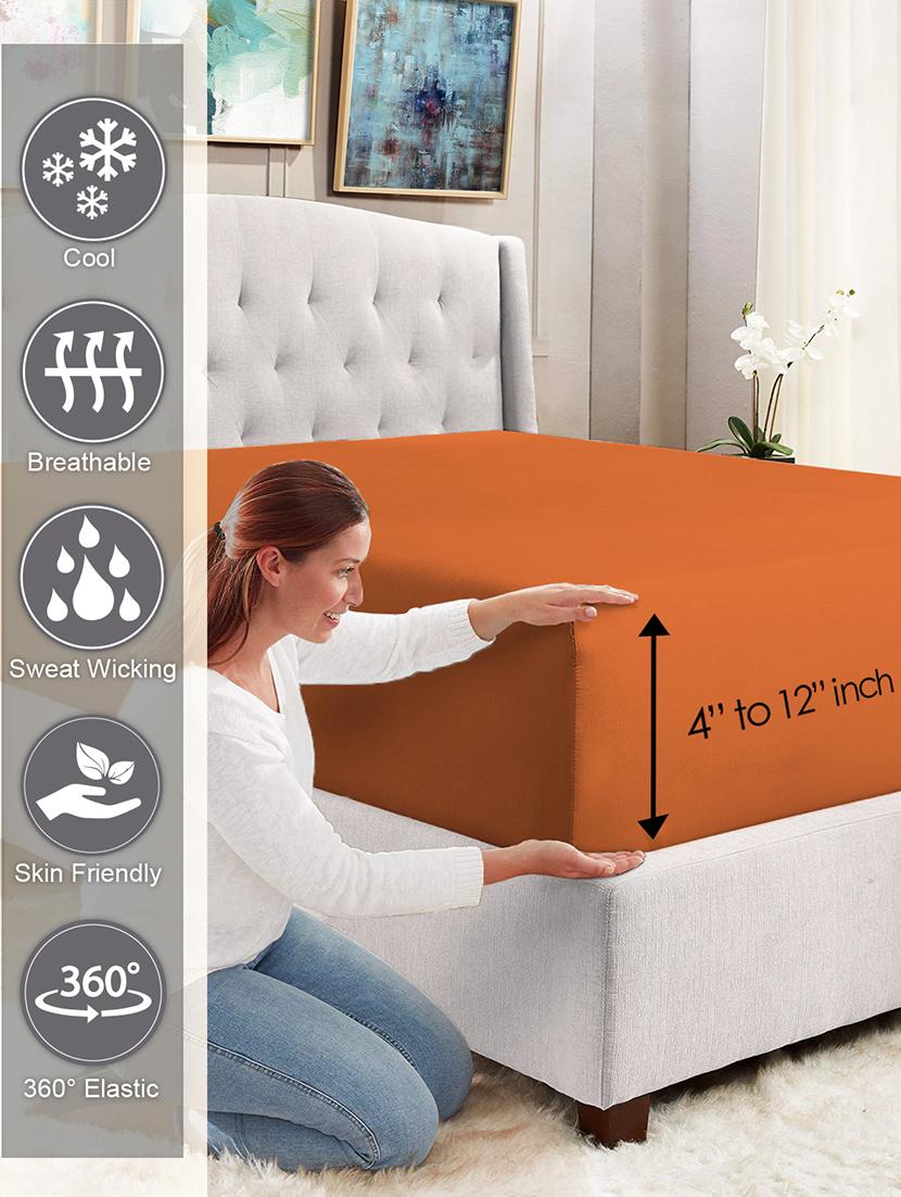 pizuna cotton 400 tc solid long staple cotton satin queen size elastic fitted sheet with 1 pillow covers (burnt orange) - 19533599 - Standard Image - 1