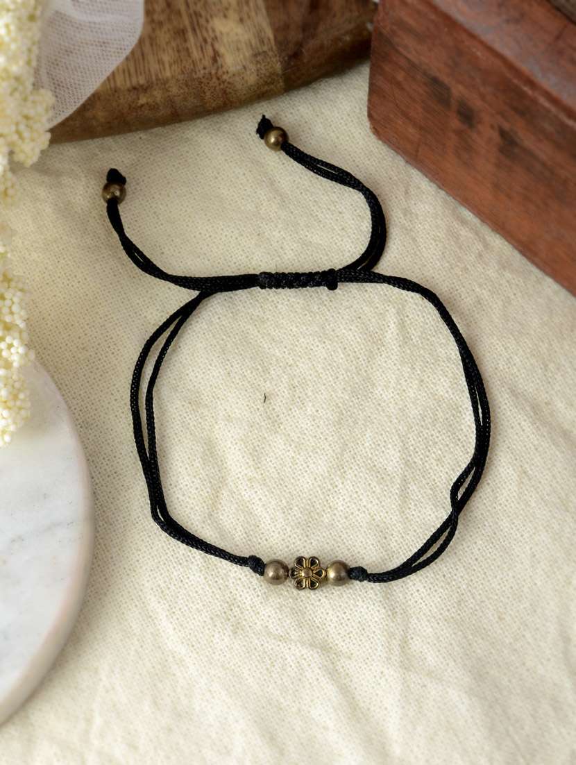 gold flower charm beads black thread anklet