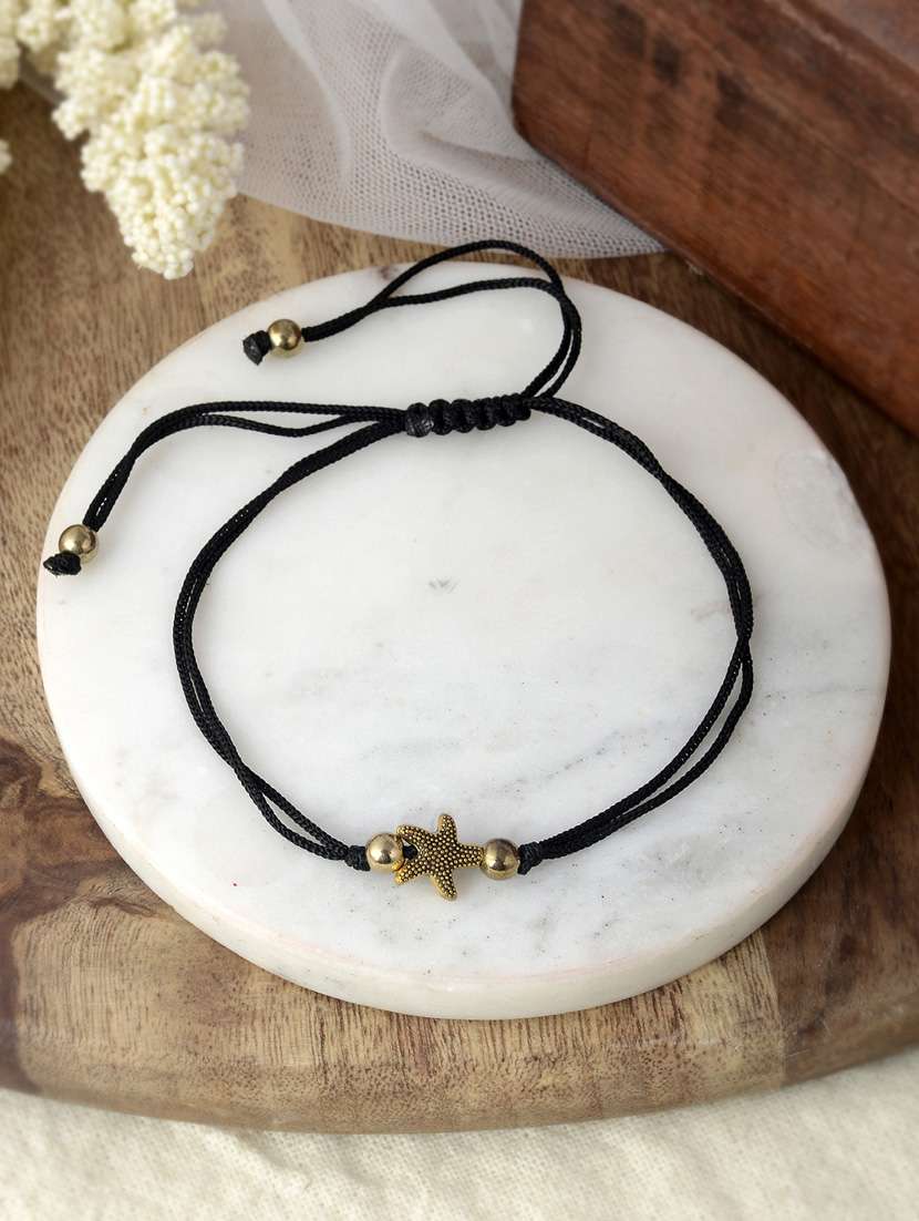 oxidised gold star fish charm bead anklet