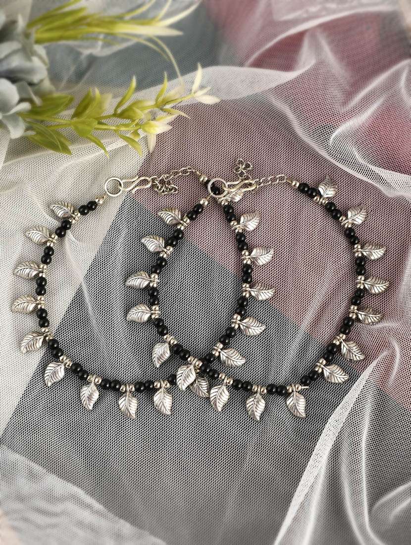 oxidized silver plated black beads leaf charm payal