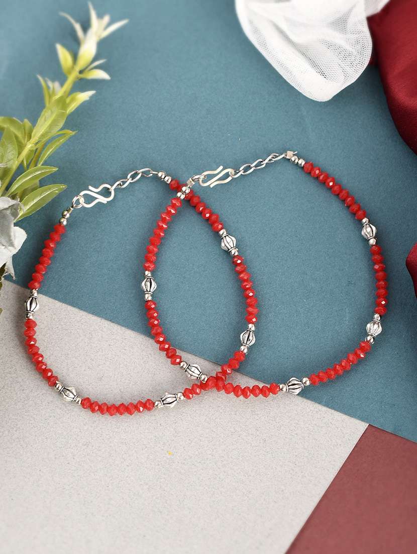 silver plated red beads kolusu payal
