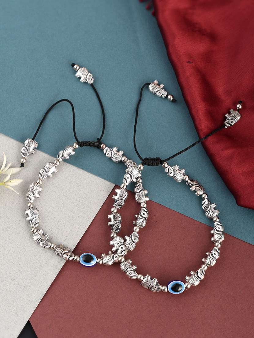 silver plated oxidised evil eye anklet for women