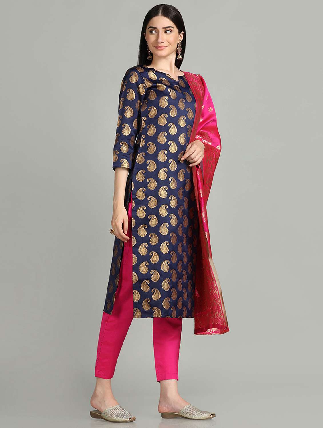 notch neck kurta pant set with dupatta - 19554843 -  Standard Image - 1