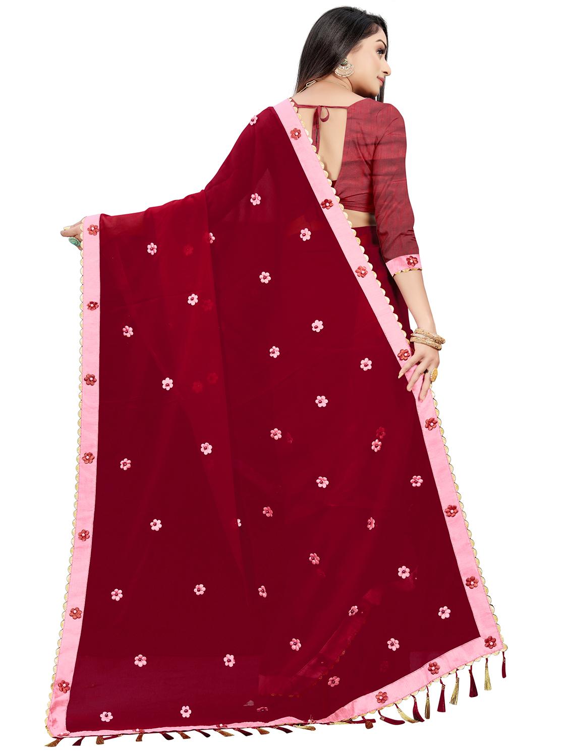maroon self design bordered saree with blouse - 19554975 - Standard Image - 1